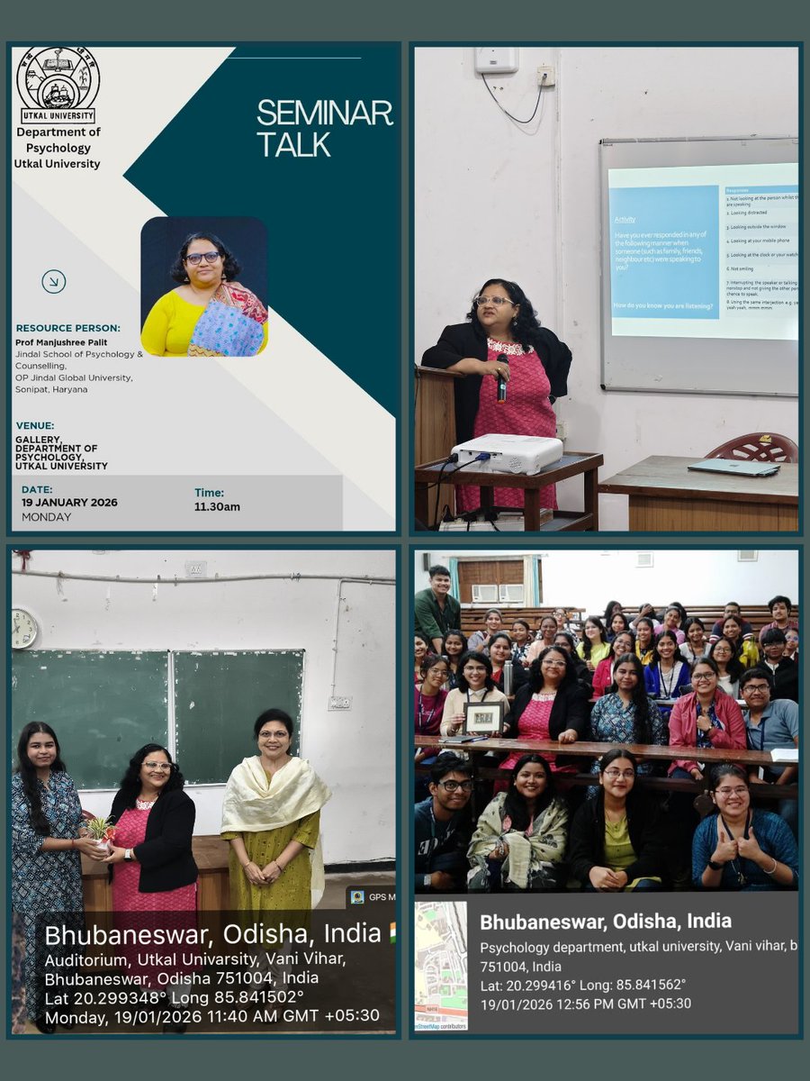 Prof. (Dr.) Manjushree Palit led a compelling seminar on the Art of Listening for Relationships &amp; Counselling with PG Psychology students at Utkal University on 19 Jan 2026 - reframing listening as a core therapeutic skill. ✨

#Psychology #Counselling #MentalHealth