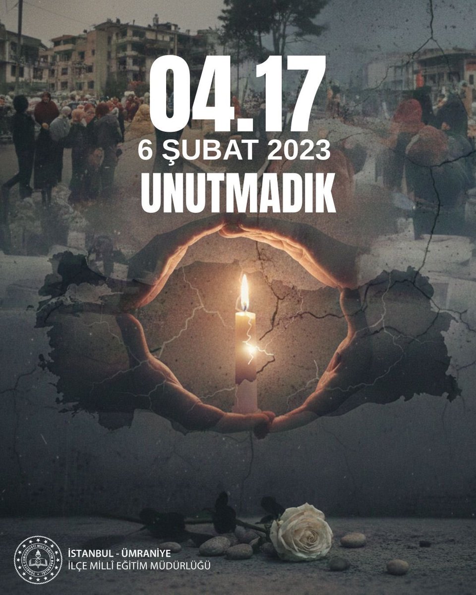 umraniyeilcemem's tweet photo. 6 Şubat 2023 | 04.17
Ülkemizi derinden sarsan depremlerde hayatını kaybeden vatandaşlarımızı rahmetle anıyoruz.

Acının ilk günkü tazeliğiyle…

Milletimizin başı sağ olsun.

@tcmeb 
@istanbulilmem 
@mustafaozen3434 https://t.co/fQWUEKi3pC
