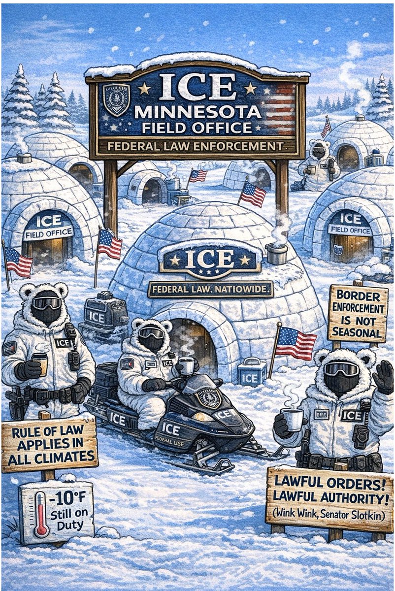 IsraelIsbe49028's tweet image. BREAKING WEATHER ALERT
Minnesota Forecast Update:
This just in: Winter conditions are expected to persist across Minnesota.
 ICE remains firmly established statewide.
Residents advised: Stay warm. Stay lawful. #ICE
#SupportICE #BorderEnforcement #EnforceTheLaw
#SecureTheBorder