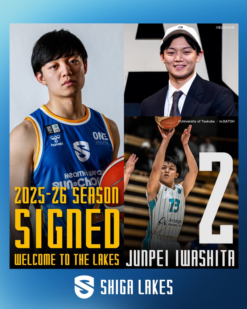 shigalakestars's tweet photo. ━━━━━━━━
𝐖𝐞𝐥𝐜𝐨𝐦𝐞 𝐭𝐨 𝐭𝐡𝐞 𝐋𝐀𝐊𝐄𝐒
🤝岩下准平選手 特別指定選手として加入および期限付移籍について

🔻NEWS🔻
https://t.co/8O4mywbTdy

岩下選手、原毅人代表、眞庭城聖GMのコメントをニュースリリースに掲載しています。
━━━━━━━━
#岩下准平 選手（筑波大学4年）の2025-26シーズン特別指定選手としての滋賀レイクス加入が決定しましたのでお知らせいたします。岩下選手は長崎ヴェルカとの選手契約を締結し、「育成契約選手制度」に基づいて2026-27シーズンは滋賀レイクスへ期限付移籍いたします。

また、滋賀レイクスは「B.LEAGUE DRAFT 2026」で交渉権を獲得した #田中流嘉洲 選手（大東文化大学4年）と2026-27シーズンからの選手契約を締結いたしました。田中選手との契約期間は3年となりますが、「育成契約選手制度」に基づき、2026-27シーズンより長崎ヴェルカへ期限付移籍いたします。田中選手については契約期間中に滋賀レイクスが希望した場合に期限付移籍を終了できることとなっております。

岩下選手は選手登録が完了しており、2月7日の「りそなグループ B.LEAGUE B1リーグ戦 第22節 島根スサノオマジック vs 滋賀レイクス」よりチームに帯同いたします。

#��賀レイクス  #GetHyped