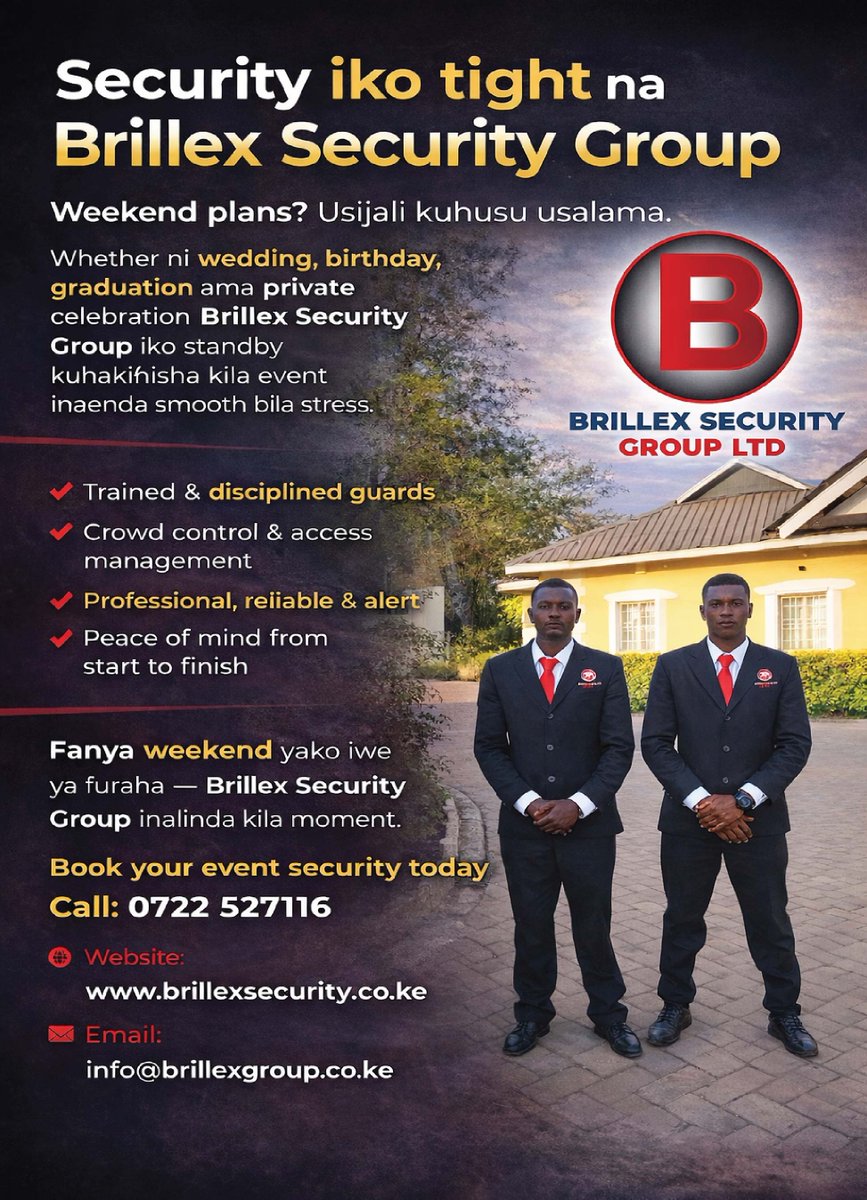 BrillexG89563's tweet photo. Security iko tight na Brillex ๐
Weekend event? Usijali usalama.
Wedding, birthday, graduation ama private party โ tuko standby.
โ๏ธ Trained guards
โ๏ธ Crowd control
โ๏ธ Stress-free events
Book now: 0722 527116
#BrillexSecurity #EventSecurity https://t.co/gYZuyr0PV2