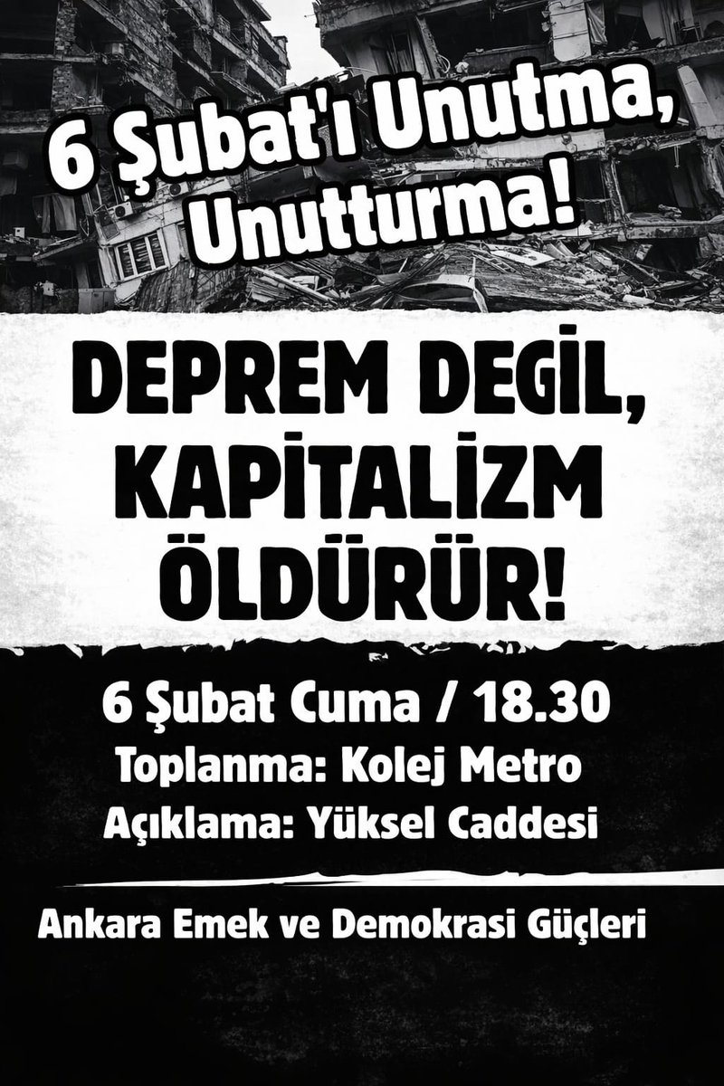 DEMankara's tweet image. Sorumlular hesap verene kadar mücadelemiz sürecek!
Ankara Emek ve Demokrasi Güçleri olarak bugün, saat 18:30'da Kolej Metro'dayız.
Unutmadık, unutturmayacağız…
#6subat2023 #UnutmayacağızAffetmeyeceğiz