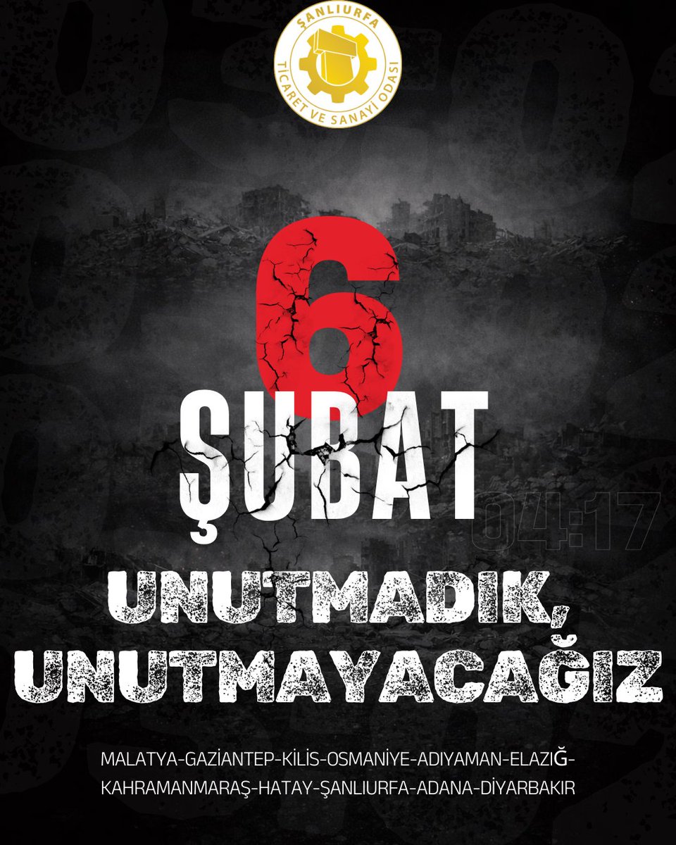 Unutmadık. Unutmayacağız.

6 Şubat Depremi'nde hayatını kaybeden vatandaşlarımıza Allah'tan rahmet, yakınlarına başsağlığı ve sabırlar diliyorum.

Böylesi bir felaketin ne ülkemizde ne de dünyada bir daha yaşanmamasını temenni ediyorum.

<a href="/mdoganyetim/">Mehmet Doğan Yetim</a> <a href="/serhatkrd/">Serhat KARADAĞ</a> <a href="/komiteleri/">ŞUTSO Meslek Komiteleri</a>