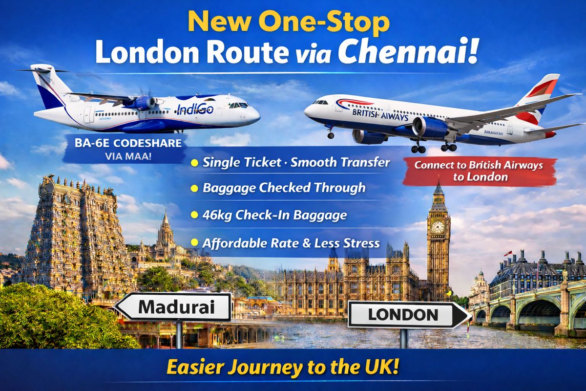 MaduraiAirport's tweet photo. ✈️ Madurai ↔ London Heathrow now bookable on a single PNR!

Fly one-stop via Chennai (MAA) with British Airways × IndiGo codeshare — seamless connections, protected transfers, 46kg check-in luggage, and easier bookings between IXM and LHR. 🇮🇳🌍🇬🇧

Full schedules below 👇 https://t.co/agSBXZrPDY