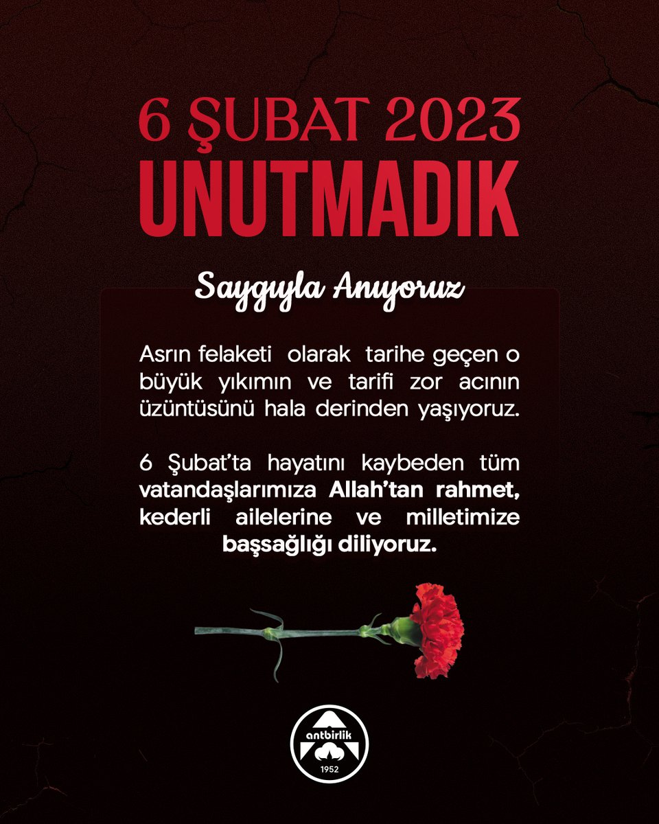 antbirlik07's tweet photo. Asrın felaketi  olarak  tarihe geçen o büyük yıkımın ve tarifi zor acının üzüntüsünü  hala  derinden  yaşıyoruz.

6 Şubat’ta hayatını kaybeden tüm vatandaşlarımıza Allah’tan rahmet, kederli ailelerine ve milletimize başsağlığı diliyoruz. https://t.co/jBaARga0hN