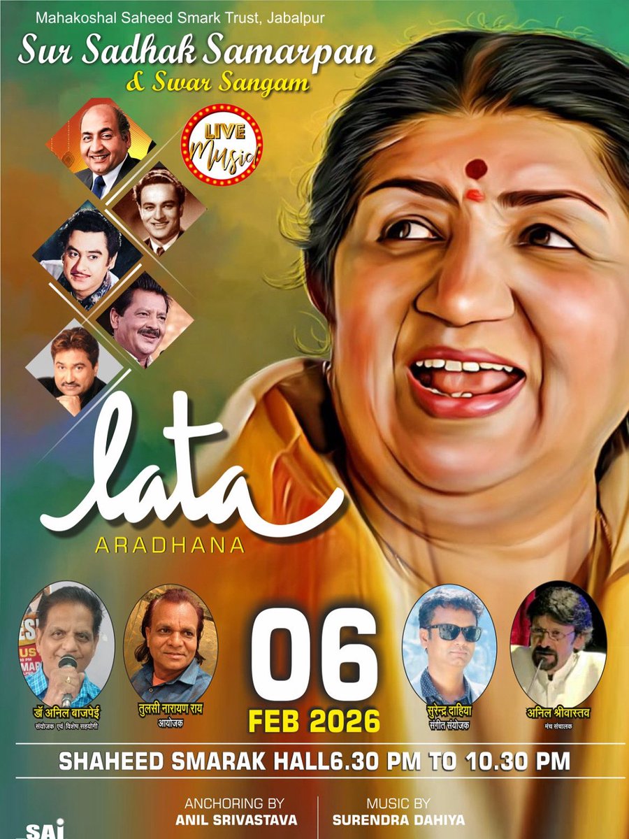 SurendraDahiyaa's tweet photo. #lata #live #music #concert #nostalgia #surendradahiya #the7C #jabalpur #february #2026 https://t.co/87eCEvmCDc