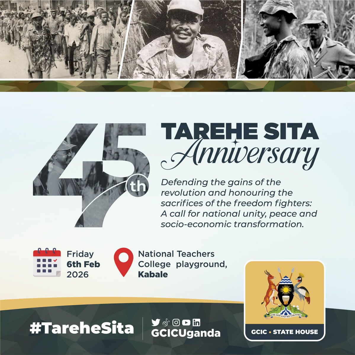 Today, Uganda marks the 45th Anniversary of Tarehe Sita, a historic moment that laid the foundation for our nation’s peace, stability and progress.
#TareheSita45