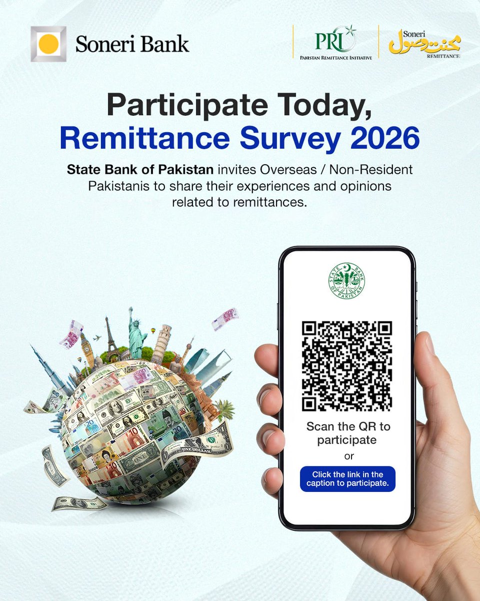 The State Bank of Pakistan invites Overseas / Non-Resident Pakistanis to share their experiences related to remittances by participating in the Remittance Survey 2026.

📲 Scan the QR code or click the link to participate.
🔗 surveyctosbp.surveycto.com/collect/sbprem…