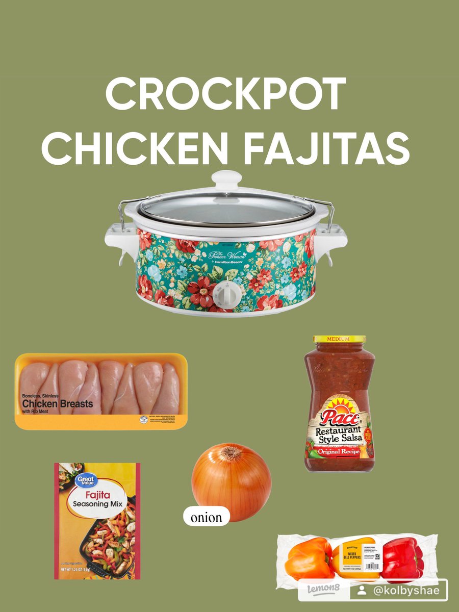 Crockpot Chicken Fajitas 🌮

Ingredients
•2–3 boneless, skinless chicken breasts
•1 packet fajita seasoning
•1 jar salsa (mild, medium, or hot)
•1 onion, sliced
•1 bag bell peppers (sliced)

Instructions
1.Add chicken breasts to the crockpot.
2.Sprinkle fajita seasoning