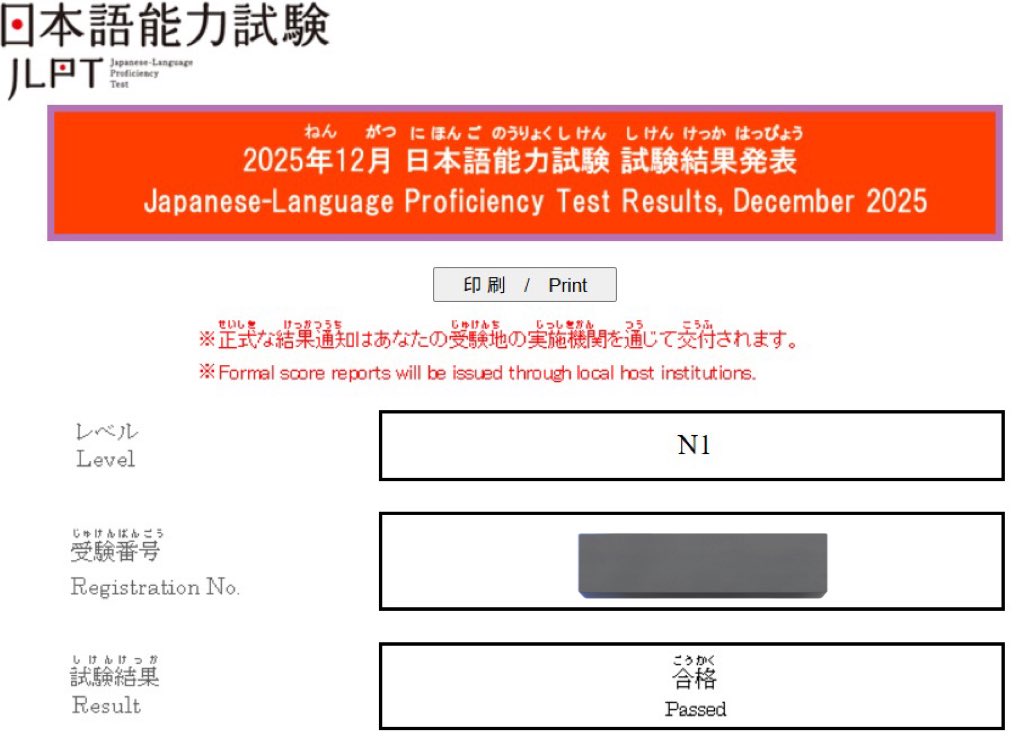 Found out about a week ago but I took JLPT N1 with my sister for