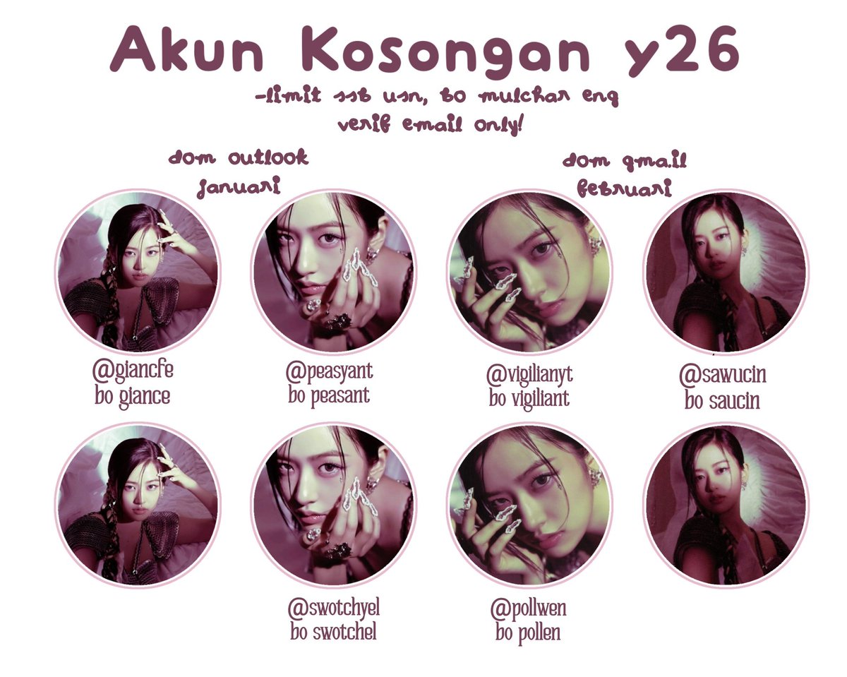 WTS ACC TWT KOSONGAN JANUARI FEBRUARI Y26

- limit ssb usn
- verif outlook &amp; gmail (email only) 
- usn bo mulchar eng
- mt ht bisa dimainin dulu
- dom outlook kiri januari, dom gmail kanan februari. 

💸 6k / each #zonauang #zonaba