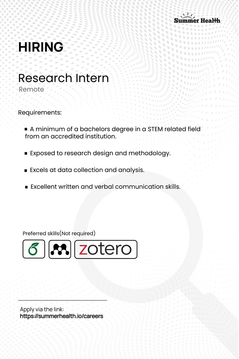 trySummerHealth's tweet photo. We're HIRING! 

Positions available: 
**Research Intern
**SWE Intern

Fully remote (Accra preferred).

Apply via the link below📩:
https://t.co/h5dxUYltBL https://t.co/W5WyGNdFWv