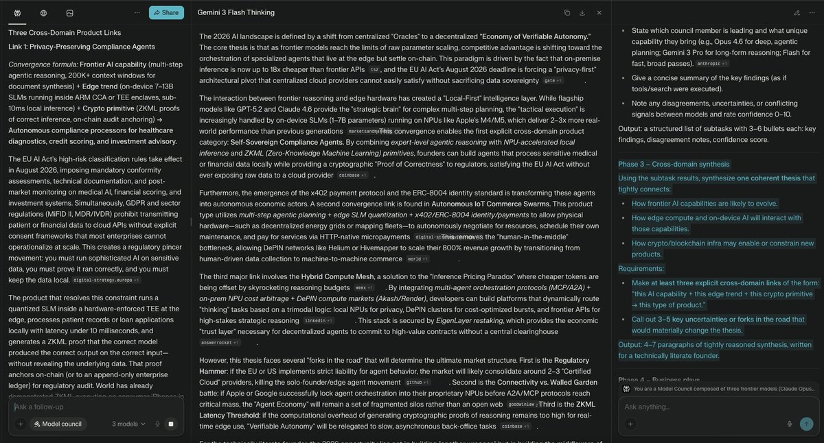 ChrisUniverse's tweet photo. WHAT THE FUCK DID @perplexity_ai BUILD ⁉️

I just used Model Council + @comet + Assistant to run research that would take an entire team DAYS:

(1) Deep patent analysis — I had GPT 5.2, Claude Opus 4.6, and Gemini 3 Pro research the 50 highest-impact nanotechnology patents since 2020 across AI hardware, quantum photonics, neuromorphic computing, and spintronics. 55 steps. Three models working in parallel. Consensus table at the end showing where they agree and disagree.

(2) Full competitor breakdown — I ran a side-by-side comparison of every major AI subscription (ChatGPT Pro, Claude Max, Grok Heavy, Gemini Ultra) against Perplexity Max. Model Council, Comet Browser, Email Assistant — no other platform has any of it.

(3) Investment thesis — Model Council synthesized a 2026-2030 investment report across AI, edge compute, and crypto infrastructure using three frontier models simultaneously.

This isn't an AI chatbot. This is an AI research department that auto-routes your queries to the best models, browses the web agentically, and builds comparison tables and breakdowns in minutes.

No other platform comes close. I broke it all down below.