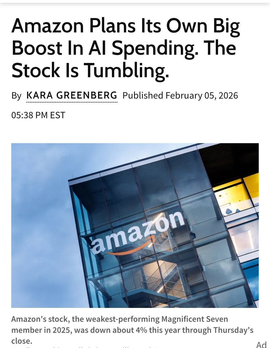 chartmongo's tweet image. [실적] 아마존, 시간외 7% 급락... "돈은 역대급으로 쓰는데 실적은 미스"
■ 주요 보도 내용
 * 어닝 미스(Earnings Miss): 아마존($AMZN)이 4분기 주당순이익(EPS) $1.95를 기록하며 월가 예상치를 하회함. 매출은 역대 최고치($213.4B)를 찍었지만, 이익단에서 실망 매물이 쏟아짐.
 * 돈 먹는 하마…