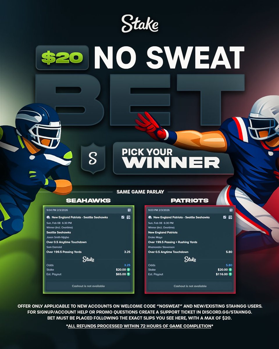 🏈 INTRODUCING THE FIRST EVER <a href="/STAKE/">Stake.com</a> NO SWEAT BET - JUST IN TIME FOR THE SUPER BOWL! 🏈

Pick one of two predetermined SGPs &amp; get your money back even if you lose! #SuperBowl #SBLX 

Seahawks? Bet here: stake.com/sports/home?be…

Patriots? Bet here: stake.com/sports/home?be…