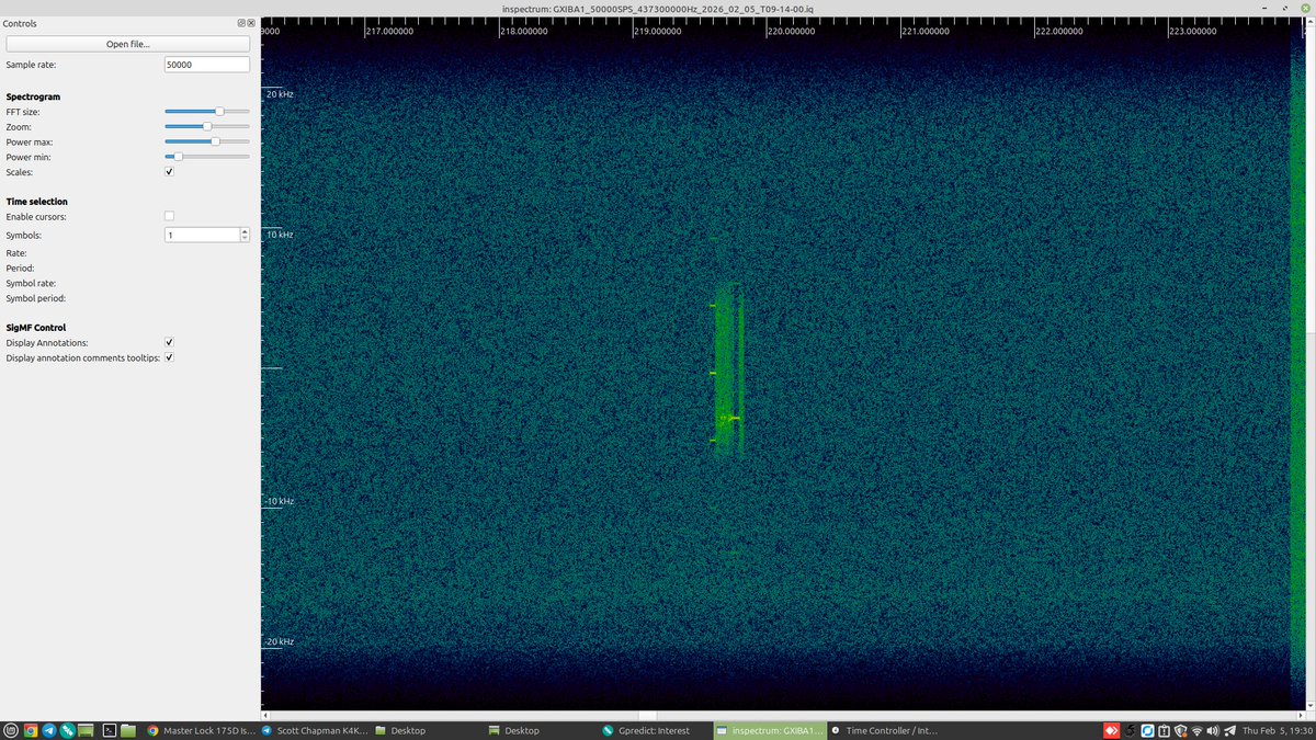 n6rfm's tweet photo. GXIBA-1 9K6 AX100 Mode 5 telemetry 5Feb26 1517Z EM12 jw 46NW.  Not very strong.  Decodes below from IQ replay using #UZ7HO 1KUNS sound modem after trial and error using GNURadio (linux) and SDRConsole (Windows).  3 frames to @satnogs.  Congratulations to the team!😎 https://t.co/kVecndrFNl