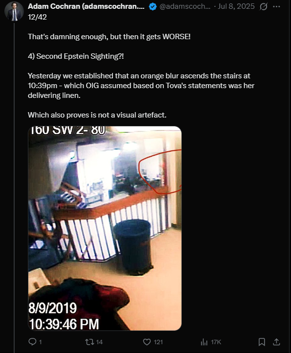 1/4

WOW! 

Months ago I wrote my threads breaking down the FBI video, including frame by frame analysis.

I pointed out a 10:39pm sighting of someone on the stairs near Epstein's cell.

Despite it not being in the OIG report.

The DOJ has now CONFIRMED this claim.