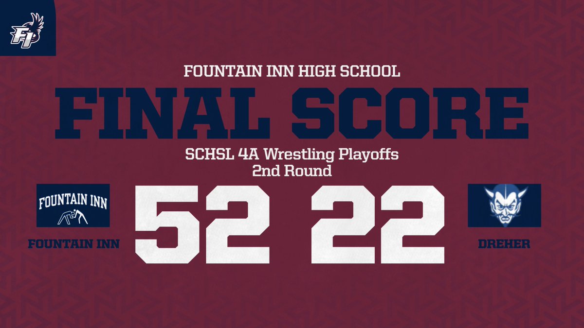 FIHS44AD's tweet photo. FIHS Wrestling advances to the Quarterfinals 4A @SCHSL playoffs with a 52-22 win over Dreher in the 2nd round. They will travel to Travelers Rest HS on Saturday #R1SEUP @INNvision_FIHS @FuryBoosters  @gcschools https://t.co/57GEYVdlYj