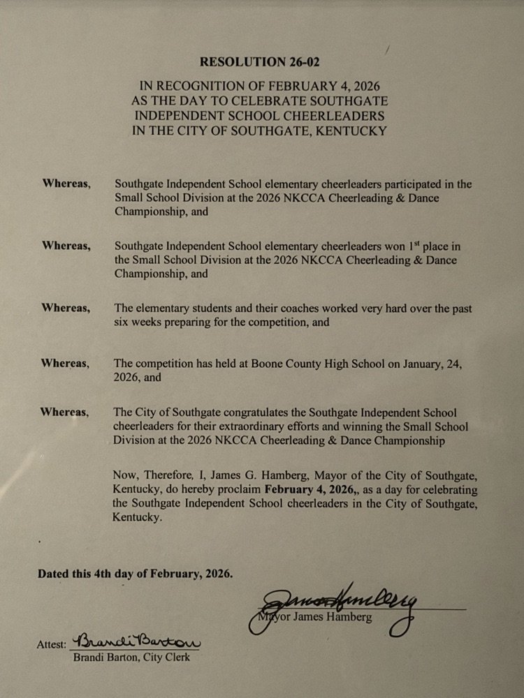 The Little Lion Cheerleaders were recognized with Resolution 26-02 by Mayor Hamberg &amp; the Southgate City Council last night for earning 1st place at the 2026 NKCCA Cheerleading &amp; Dance Championship. The 📣 even performed their routine for everyone. It's a Great Day to be a 🦁!
