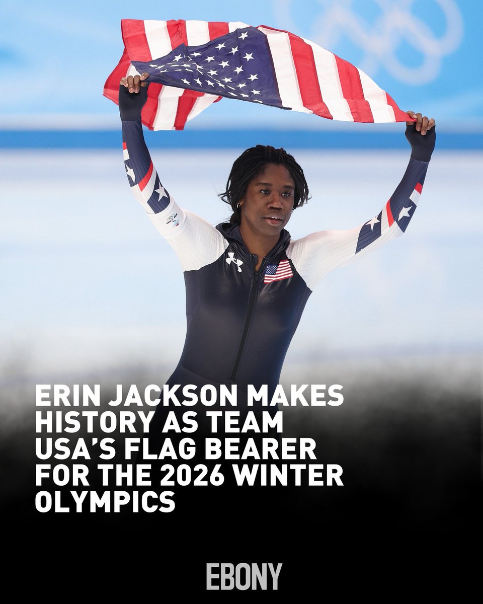 EBONY's tweet photo. Erin Jackson has been selected by her teammates to represent Team USA as a flag bearer at the 2026 Winter Olympics. This moment reflects both her excellence on the ice and the respect she’s earned beyond it.

Already a trailblazer as the first Black woman to win an individual Winter Olympic gold medal, Jackson’s presence at the front of the delegation underscores how Black athletes continue to redefine who belongs on the world’s biggest stages.

This is leadership, legacy, and representation in motion. 🖤