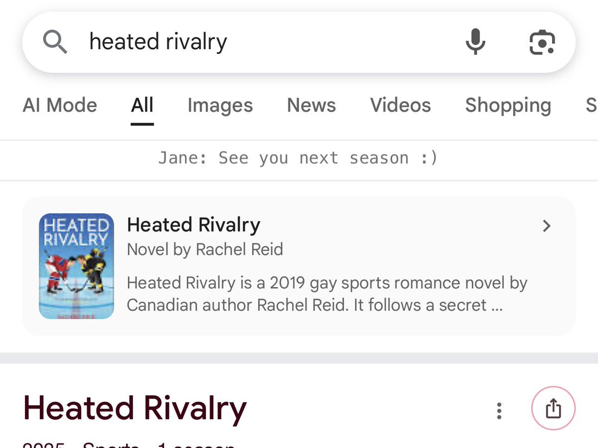hudsonwupdates's tweet image. Google customized their page with a Hollanov dialogue when you search for Heated Rivalry!

Lily: Still obsessed with us?
Jane: I’m not obsessed with anything!
Lily: How many times have you looked us up?
Jane: I don’t know. Maybe twice?
Lily: 😉
Jane: See you next season :)