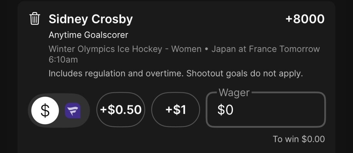MrFirstGoal's tweet image. For +8000 on Fanatics you can bet on Sidney Crosby to score in tomorrow’s France Japan Olympics game! However, Sid isn’t, French, Japanese, or a woman. Please don’t bet on this or any of the extraneous selections on Fanatics.