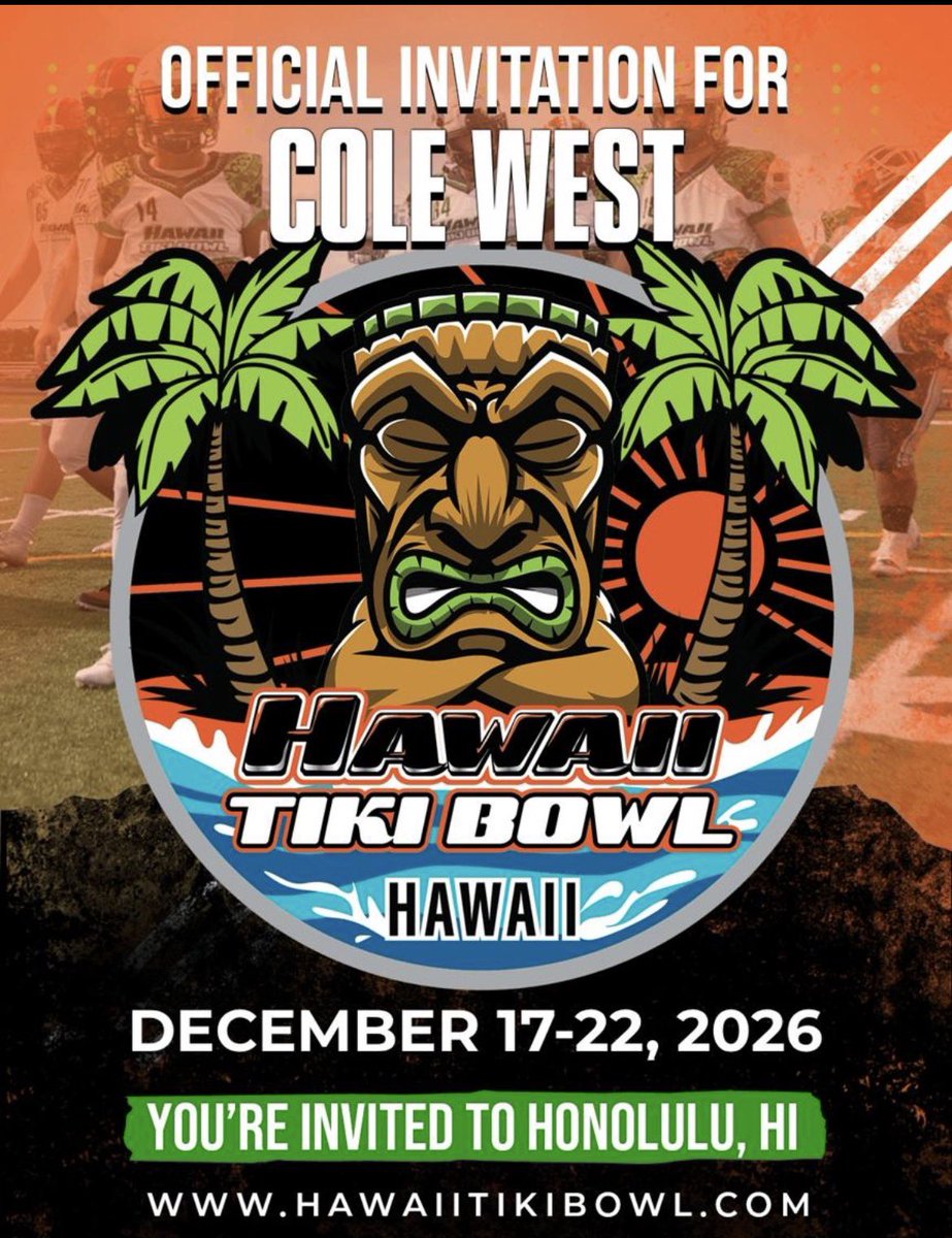 colwest11's tweet photo. Blessed to be given the opportunity to compete at the Hawaii Tiki Bowl! ✝️🌴
Can’t wait to go compete against the best! @Coach_Poppe @Coach_Hatcher20 @CoachZar @WendyLaurent55 @CoachStoNGo @MikeViti https://t.co/quP5BEMh8j
