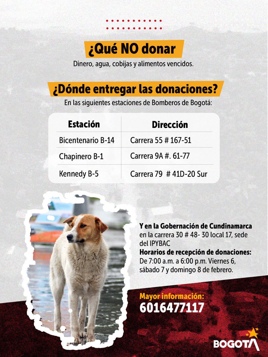 BomberosBogota's tweet photo. ¡En Bomberos Bogotá amamos a los animales! 💛❤️

Desde mañana, trae tu donación a nuestras estaciones:

Estación Bicentenario: Cra 55 #167-51
Estación Chapinero: Cra 9 a #61-77
Estación Kennedy: Cra 79 #41 d - 20 sur https://t.co/C2wcW2C3HU