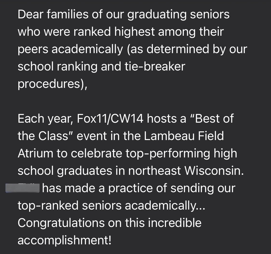 Proud of our girl. She took college courses and worked her butt off for 4 years with a goal of being in the running for Valedictorian/Salutatorian and be a class speaker. While those things didn’t happen she is still getting recognized for her hard work. Top 15 in a class of 220+