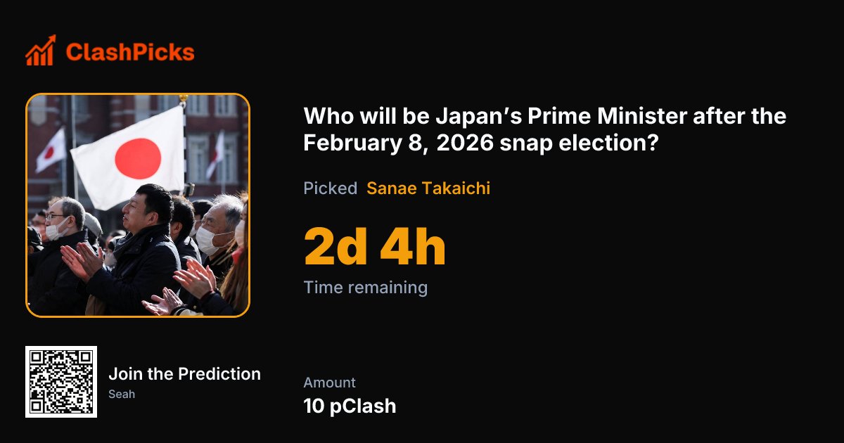 ClashPicks's tweet photo. We’re not just tracking U.S. events.

ClashPicks covers world events too! 🌍

Japan’s snap election is coming up fast, and the next Prime Minister will be decided in days. 🇯🇵

Who do you think wins? Make your prediction on ClashPicks 👇   

Use $CLASH: https://t.co/VEmx0D47pm

or predict for free with pCLASH: https://t.co/UmHflnqTMO