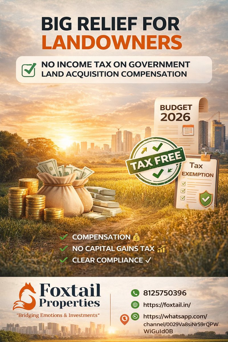 Foxtailpropex's tweet photo. 🏛️ *Big Relief for Landowners | No Income Tax on Government Land Acquisition Compensation*

📢 Budget 2026 brings good news for property and landowners.
If your land is compulsorily acquired by the Government under the RFCTLARR Act, the compensation received will be fully exempt https://t.co/2UsJwuPTLM