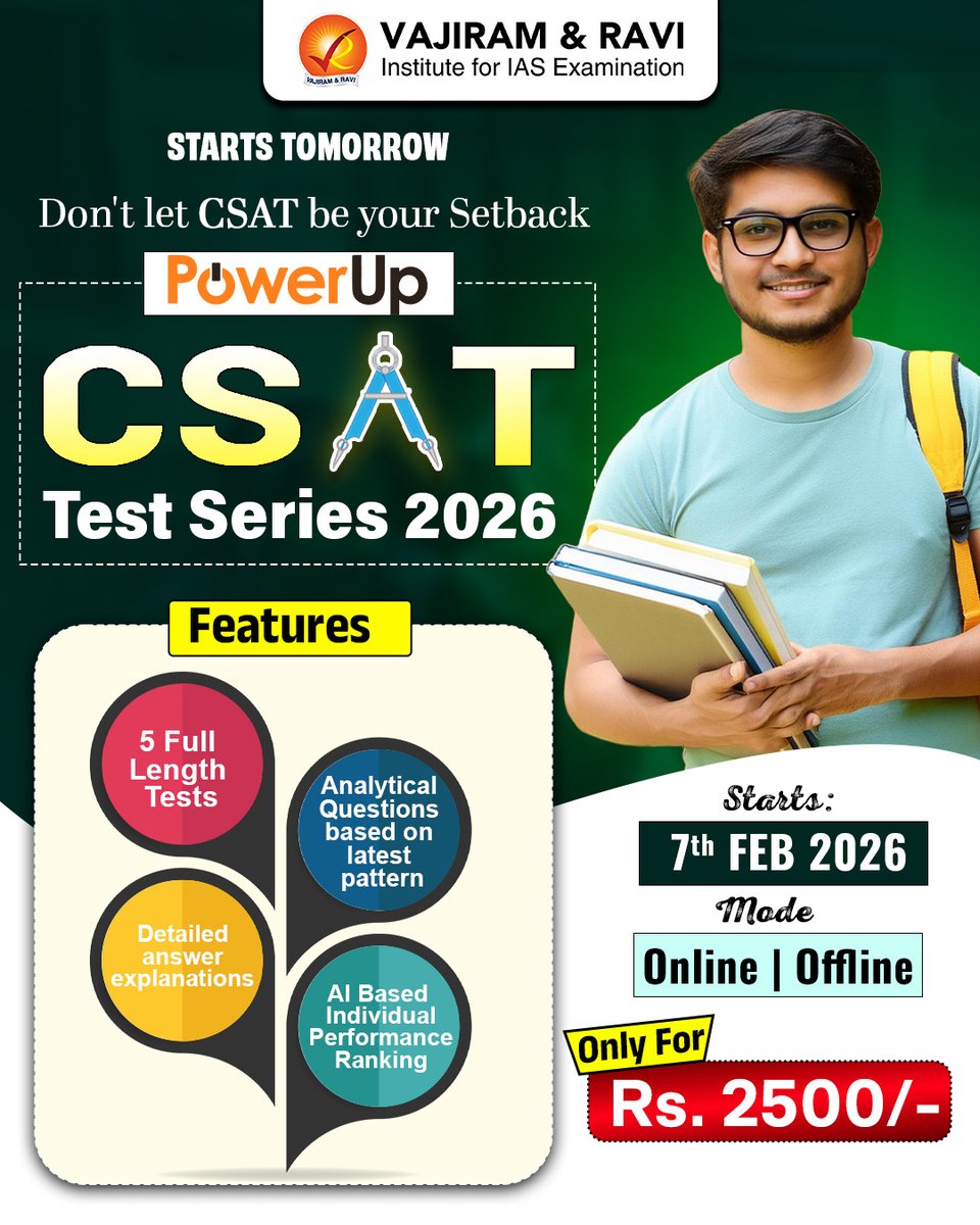 VajiramRavi's tweet image. Don't let CSAT be your Setback
Vajiram and Ravi introduces PowerUp CSAT Test Series 2026

To know more: docs.google.com/forms/d/1D1Lso… 

 #CSATPreparation #IASExam #UPSC2026 #VajiramAndRavi #TestSeries #CSATStrategy #UPSCJourney #CivilServices #PowerUpCSAT