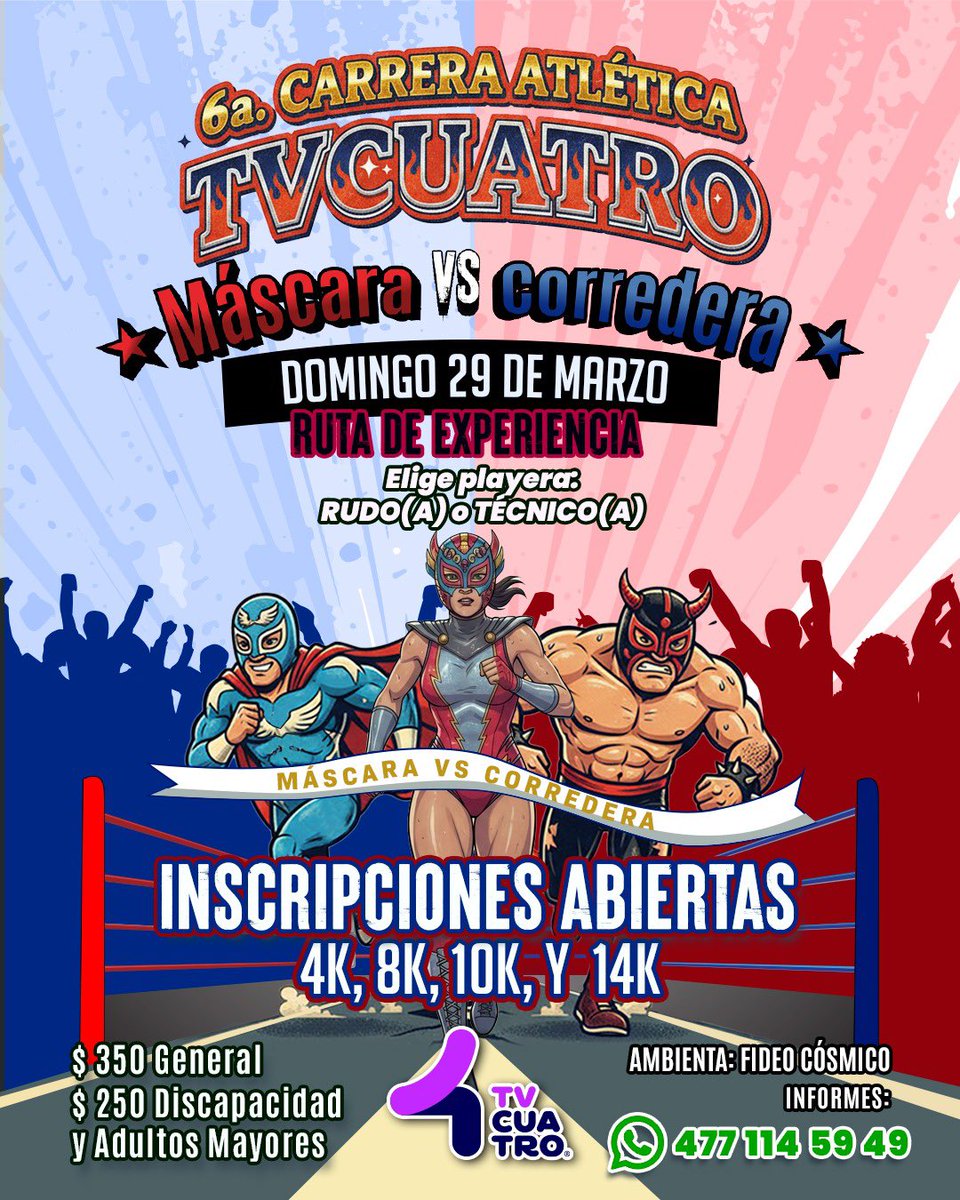 Una carrera como nunca la habías vivido, una experiencia única, divertida y llena de color. ¡Claro que tenía que ser de <a href="/tv4guanajuato/">TVCUATRO 📲💻📡</a>!

Se viene la 6ª Carrera Atlética TV CUATRO Máscara VS Corredera. 🦹🏻‍♀️🦹🏼‍♂️ ¿Nos animamos <a href="/DrJuanCarlosMon/">Dr. Juan Carlos Montesinos</a>?

📅 Domingo 29 de marzo
🛣️ Distancias:
