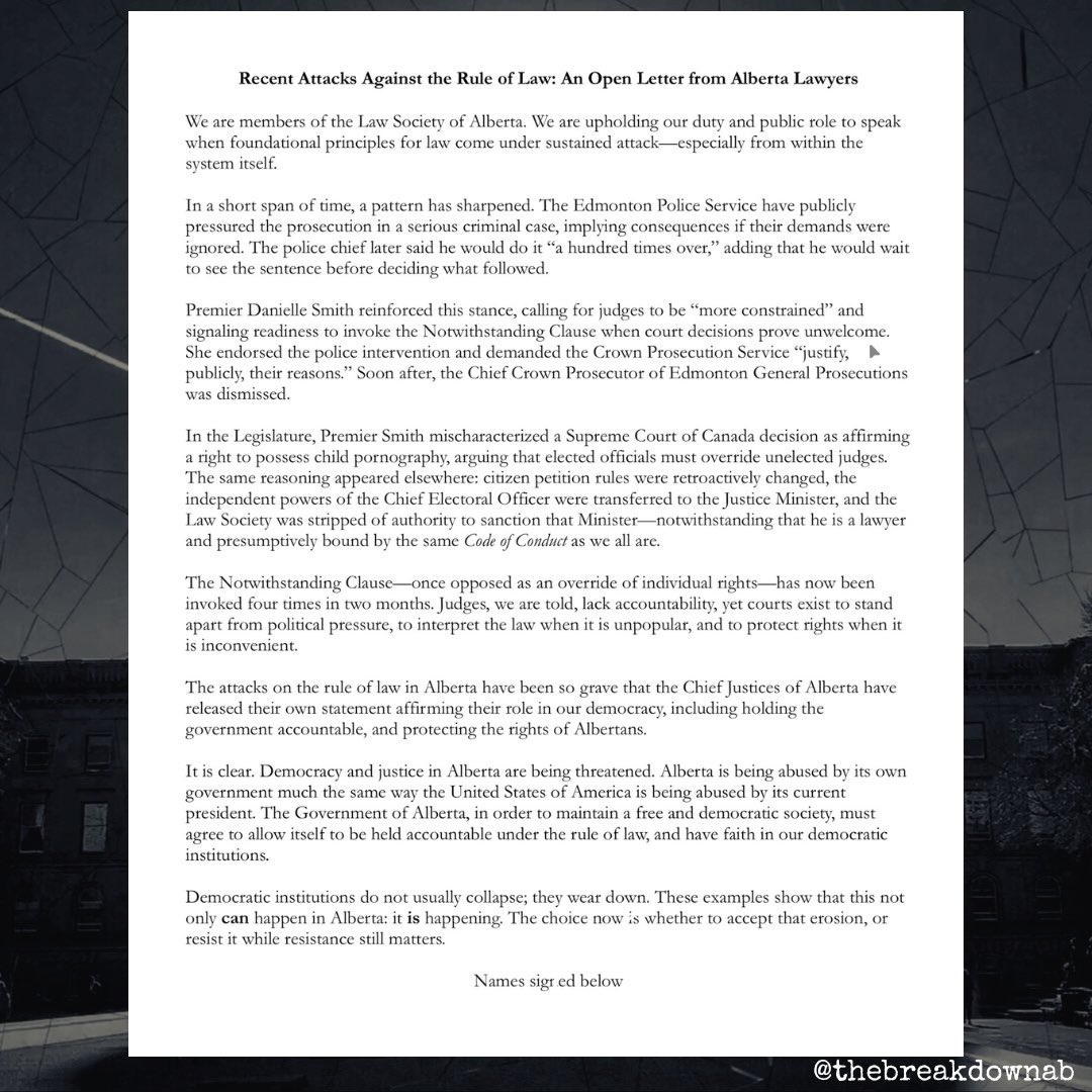 TheBreakdownAB's tweet image. "Democracy and justice in Alberta are being threatened. Alberta is being abused by its own government much the same way the United States of America is being abused by its current president."

180 Lawyers have penned an open letter calling out Smith's attack on the law. 

#abpoli