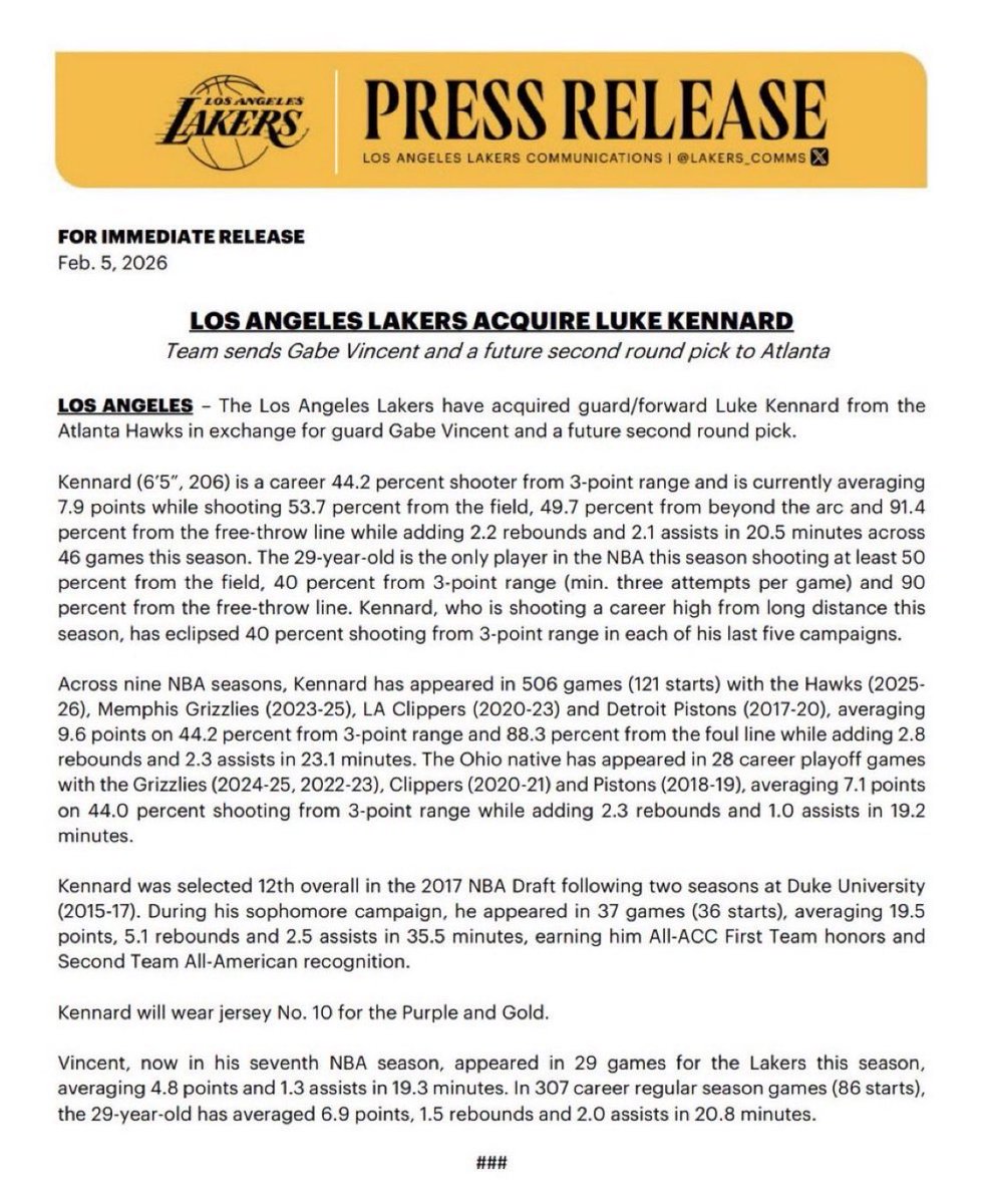mcten's tweet photo. The Lakers make the Luke Kennard acquisition official. He’ll wear No. 10 for the purple and gold https://t.co/aRHeKZXJ0k