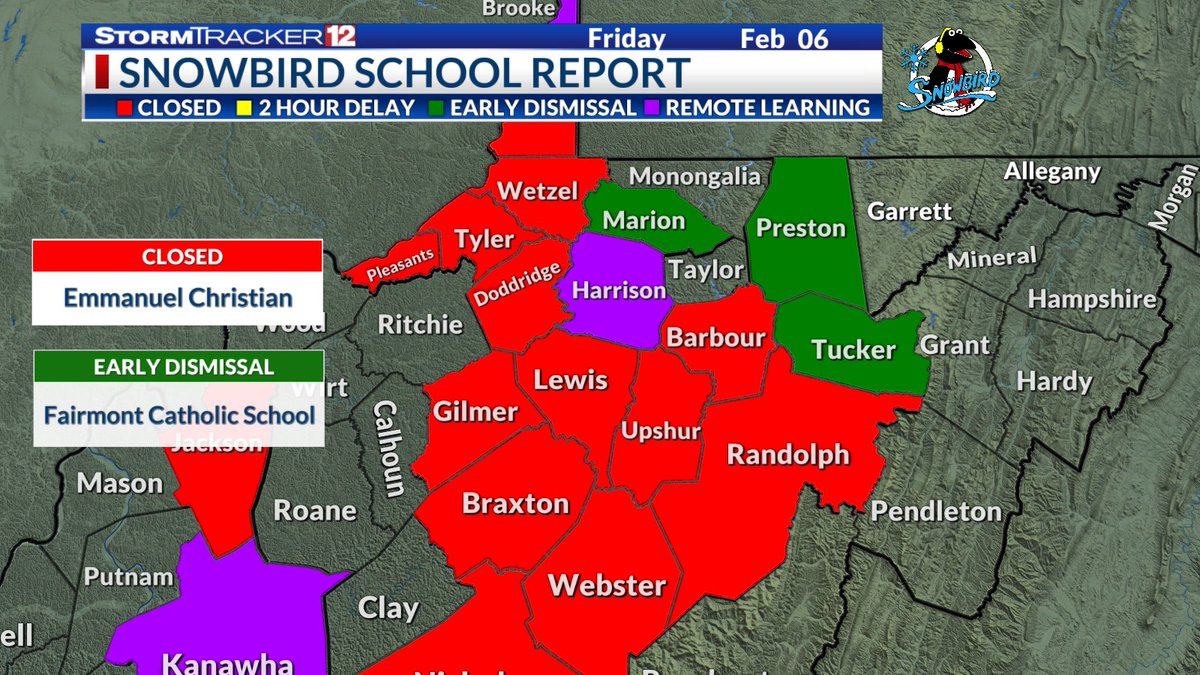 SnowbirdWBOY's tweet photo. SNOWBIRD SCHOOL REPORT | 9:00 PM update for tomorrow, Friday 2/6/26. Lots of early dismissals and closings for tomorrow. Click the link for the latest updates across NCWV by visiting https://t.co/X1UmEXAbZs
@ThomasKootzwx https://t.co/t21wiGubmJ