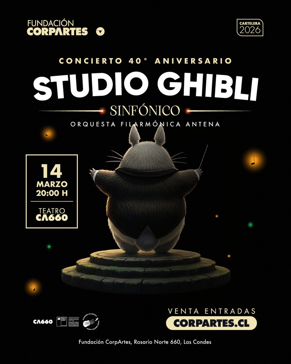 CorpArtes's tweet photo. STUDIO GHIBLI 40 ANIVERSARIO🔥
Un concierto con música de películas icónicas como “Mi Vecino Totoro”, “El Viaje de Chihiro”, "La princesa Mononoke" y muchas más.

🎟️Entradas y descuentos: https://t.co/js9sCMYRx3

#StudioGhibli #Chile #Santiago
#LasCondes #Concierto #Panorama https://t.co/llEmWXP3AX