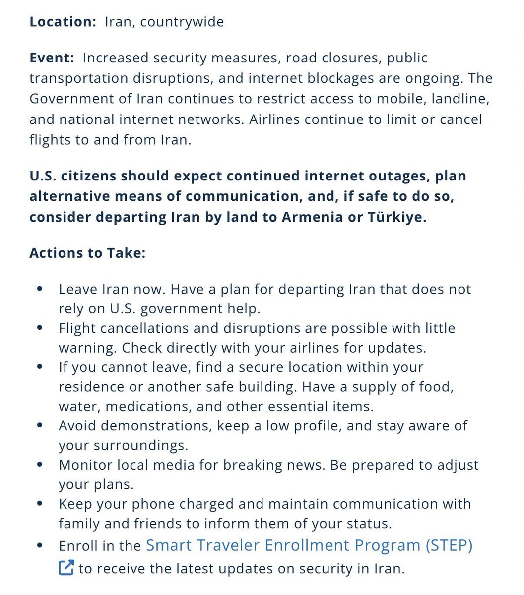 The U.S. Virtual Embassy for Iran has published an updated travel alert reiterating previous calls for Americans to immediately depart Iran, via both commercial flights and land crossings with Armenia and Türkiye. The alert calls on Americans to “Leave Iran now,” and to have