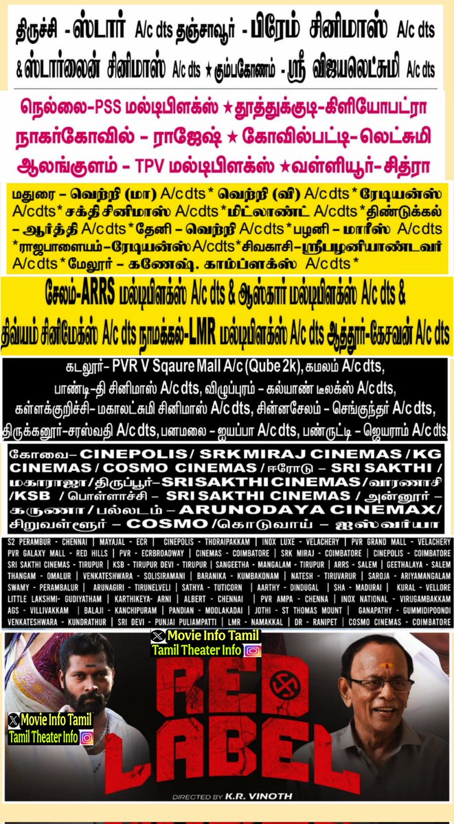 movieinfotamil's tweet photo. #RedLabel Tamil Movie Total Tamilnadu Theatres List 

Starring #Lenin  #AzminYasar
A film by #KrVinoth 

@revgenproducer
@Ponparthiban
@editorkishore
@promoworkstudio

#RedLabelFromToday
#RedLabelMovie https://t.co/hnuAZwyAC5