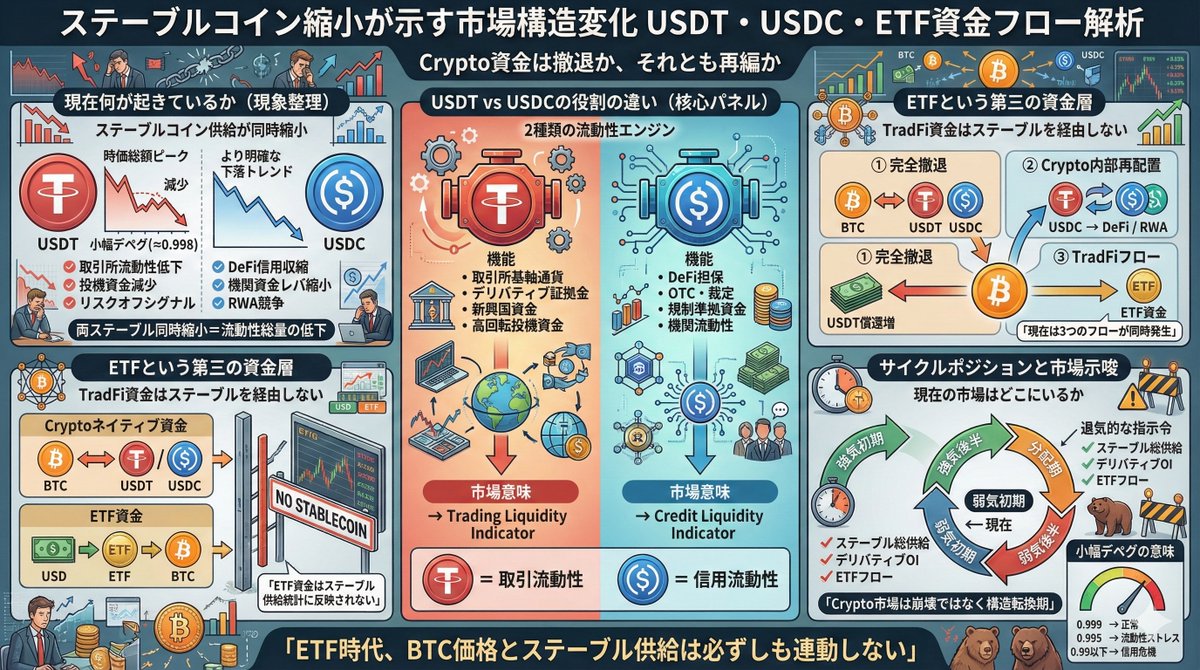 【　ステーブルコイン供給縮小と市場構造の変化　】

2025年末以降、主要なステーブルコインであるUSDT（テザー）とUSDC（USDコイン）の供給量が同時に減少する現象が観測されています。