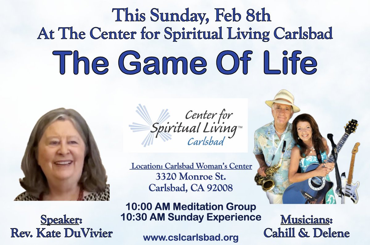 RevKateD's tweet photo. 10:30 AM Sunday - Join us in person or online in Carlsbad, CA for an introduction to using the healing power of Spirit in our daily lives...  Or come at 10 AM to join our meditation group. https://t.co/EVt7GWLnNt