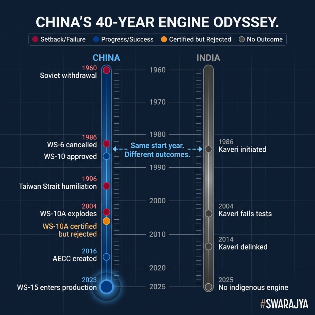 1986: 
India and China both start building a military jet engine. 

4 decades on, China's J-20 flies on a homegrown engine. India is buying more Rafales. 

Same starting line, very different stories. 🧵