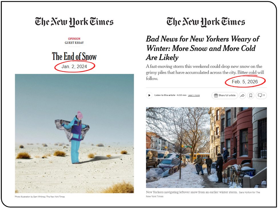 ChrisMartzWX's tweet image. Hahaha, check this out. 🤣

Two years ago, The New York Times published the op-ed on the left; the author worried that snowfalls are becoming a thing of the past because of an overheating planet.

Today, the Times reports that a fast-moving Alberta clipper will drop an inch or…