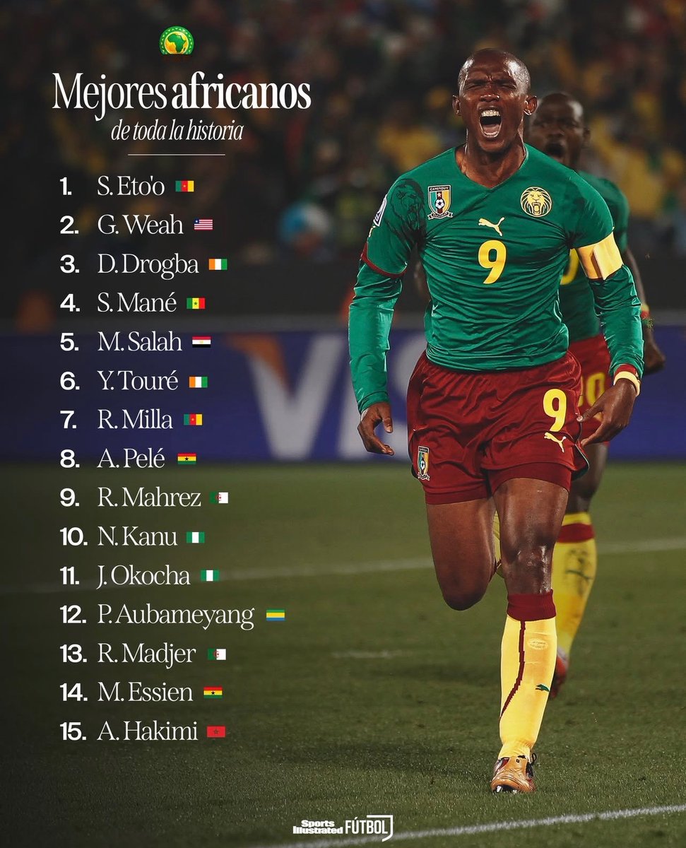 🔴 Le classement des meilleurs joueurs africains de l’histoire selon  Sports Illustrated. 🔝🇨🇲

Samuel Eto’o en tête. ☝🏿

📸 <a href="/SInow/">Sports Illustrated</a>