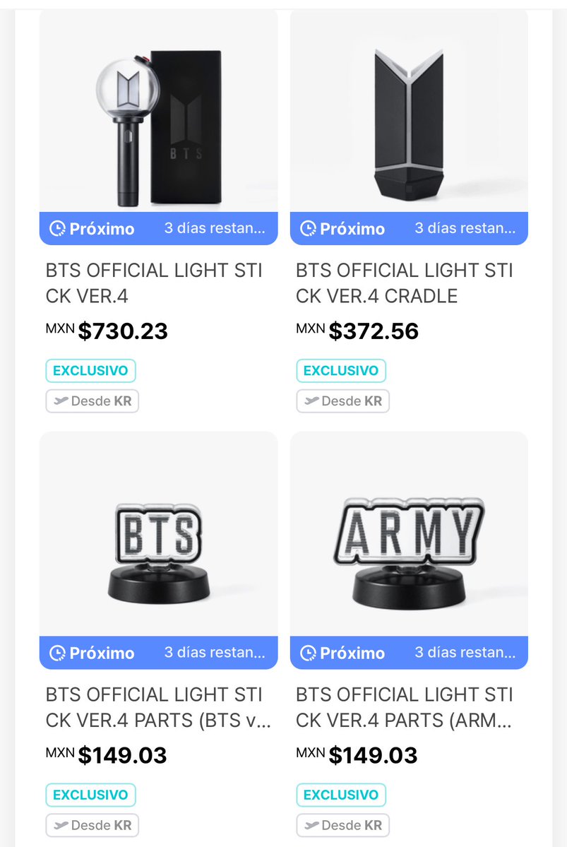 En Weverse Shop ya puedes encontrar mayor información del OFFICIAL LIGHT STICK VER.4 (disponible en 3 días) 

🗓️ Inicio de venta: 8 Feb, 8PM (CST) 🇲🇽

•BTS OFFICIAL LIGHT STICK VER.4 ($730.23)
share.weverseshop.io/static/shares/…

•BTS OFFICIAL LIGHT STICK VER.4 CRADLE ($372.56)