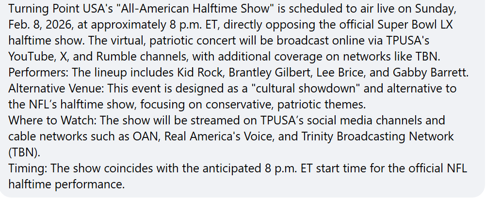 SweetwaterSue1's tweet photo. Turn OFF the superbowl with it's Horrendous halftime and tune into this All-American halftime show!! https://t.co/ea8zi9N22V
