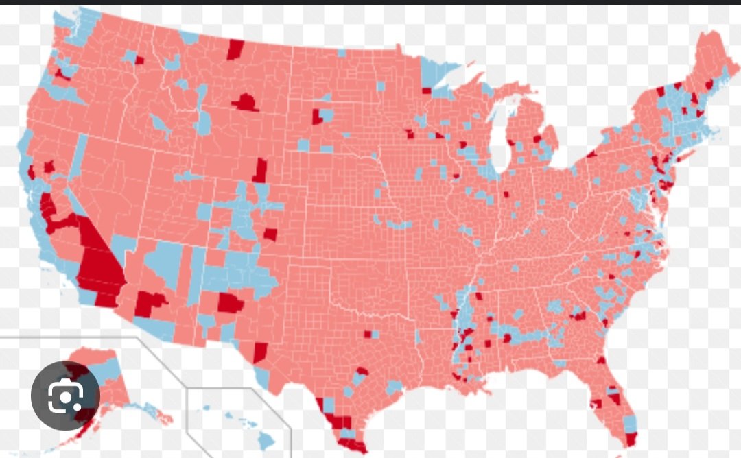 RNoss25's tweet photo. @roasteroasting Haha nice try. If that was an accurate map the democrats wouldn't have gotten spanked in 2024.  This is the map from the last election. Its actually a few blue cities trying to tell everybody how to live. Good one though. https://t.co/e2mLYcae9x