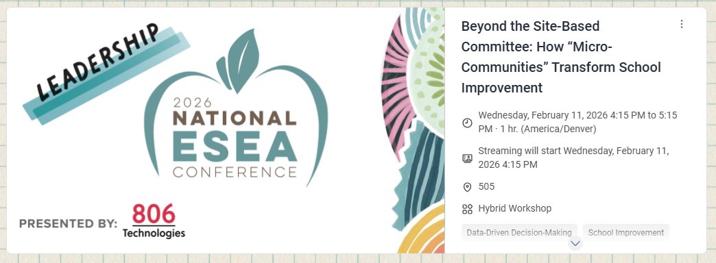 mhailey12's tweet image. Author @LesliLaughter &amp;amp; @GibsonCindyL will lead a transformative session in Denver, CO at the @ESEA_network Conference.  

👉 #TransformingSchoolImprovement
#schoolimprovement #continuousimprovement #needsassessment #TitleI #CNAdata #improvementplanning #plan4learning