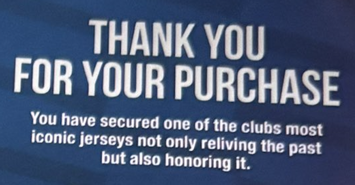 A shirt delivered in UK, from an English team, contained this message for the buyer.
That missing apostrophe really irritates!
