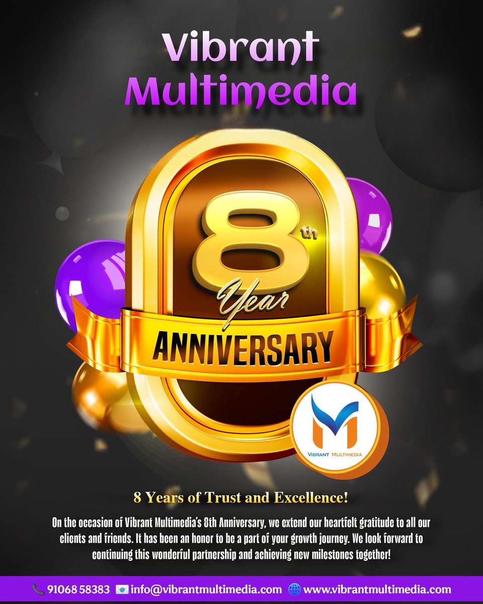 VibrantMultimed's tweet photo. "8th Anniversary Celebration... 🎉🎉

Today, Vibrant Multimedia proudly marks a major milestone - completing 8 incredible years of innovation and success! As we step into our 9th year, we express our heartfelt gratitude to our valued customers and team members who have been an https://t.co/5czktYJf4f